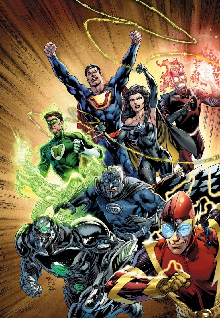 From top left to bottom right, Power Ring, Ultraman, Superwoman, Deathstorm, Grid, Owlman, and Johnny Quick.