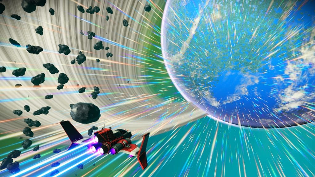 No Man's Sky promotional image showing a space ship flying to a planet