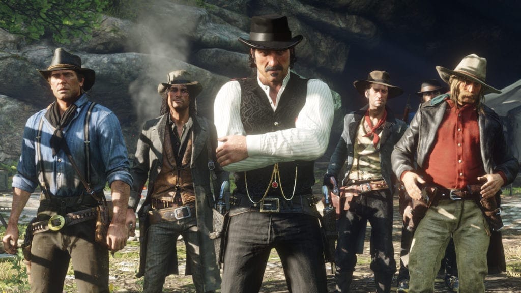 Red Dead Redemption 2 - Dutch's crew of cowboys standing in a line, looking at the camera