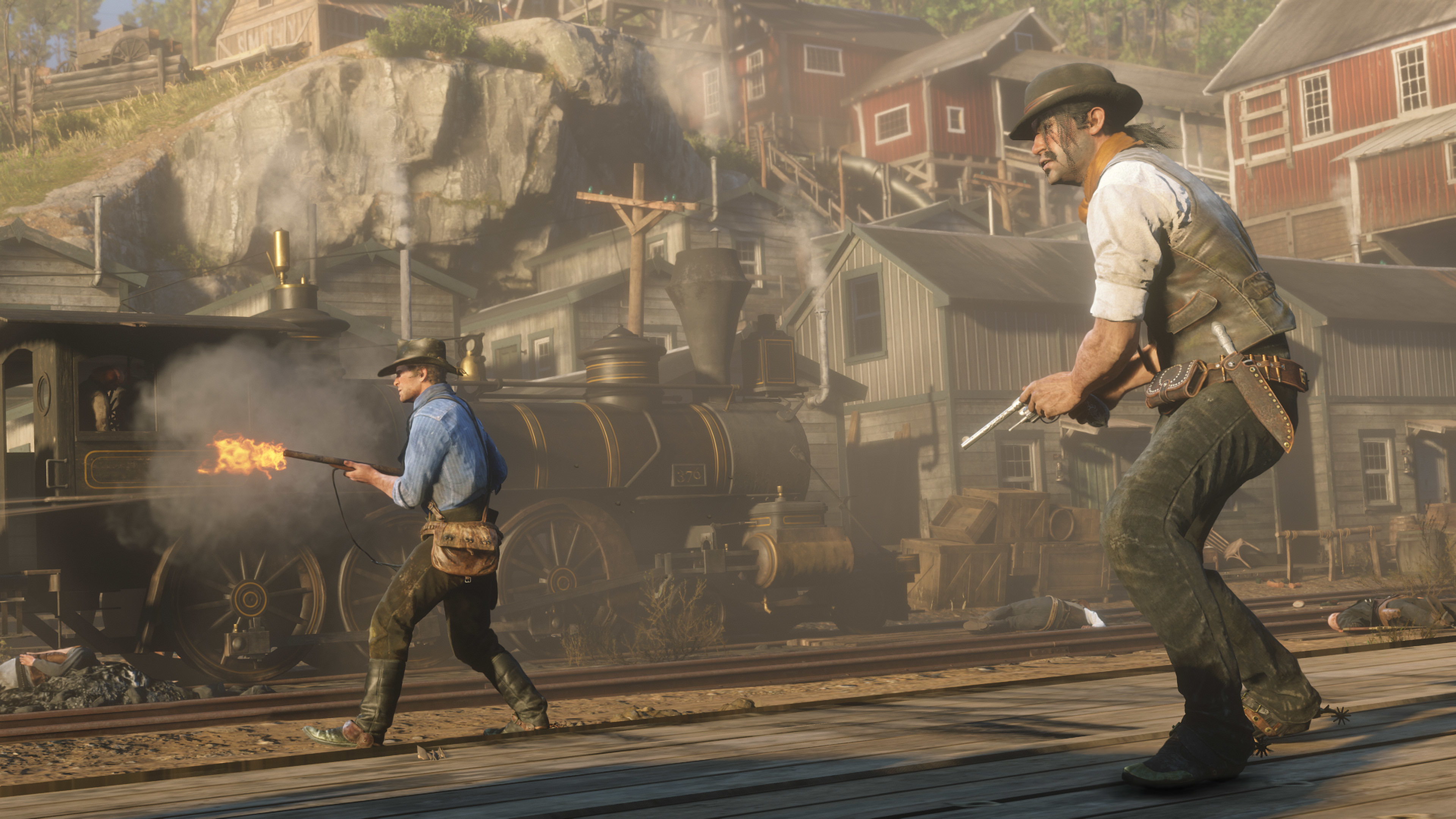 Red Dead Redemption 2 - Arthur Morgan and Javier Escuella in the midst of a shootout