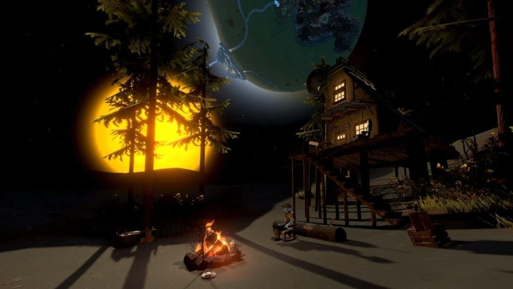 Outer Wilds screenshot showing a character sitting by a fire
