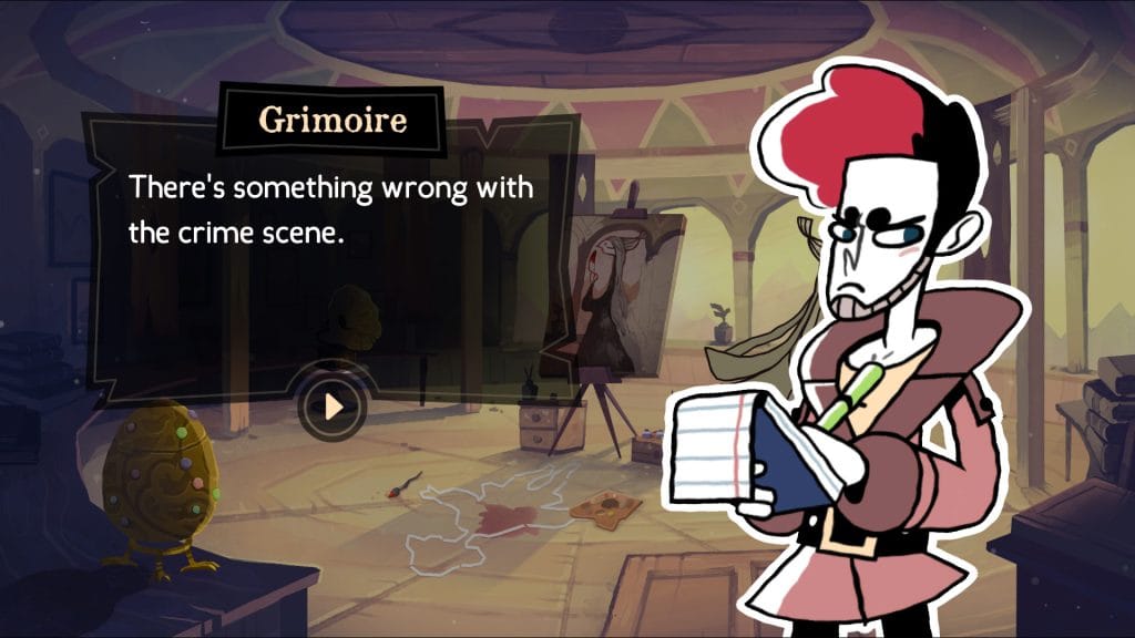 Tangle Tower - screenshot of Detective Grimoire talking and taking notes at the crime scene