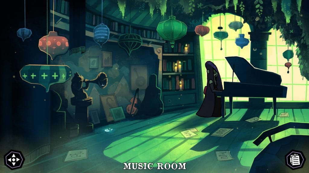 Tangle Tower - screenshot of the Music Room, with a young woman with long purple hair playing the piano