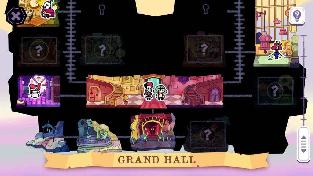 Tangle Tower - screenshot of the game's map, with Grimoire and Sally currently at the Grand Hall