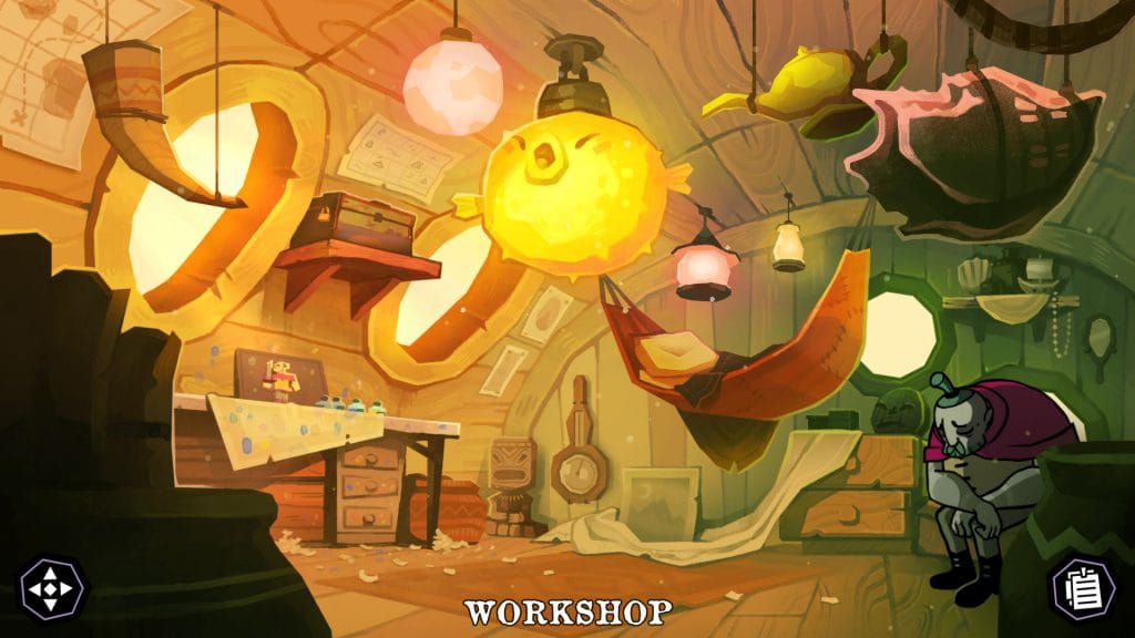 Tangle Tower - screenshot of the Workshop, with Felix Fellow sitting sullenly in the corner of the room
