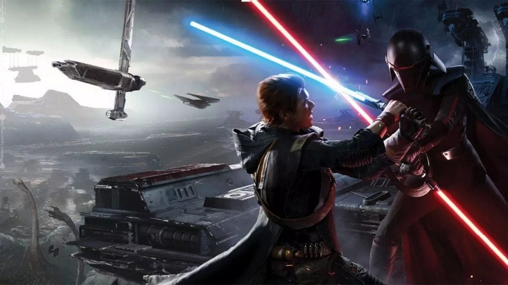 A promotional image of Star Wars Jedi Fallen Order showing Cal fighting an enemy with a lightsaber