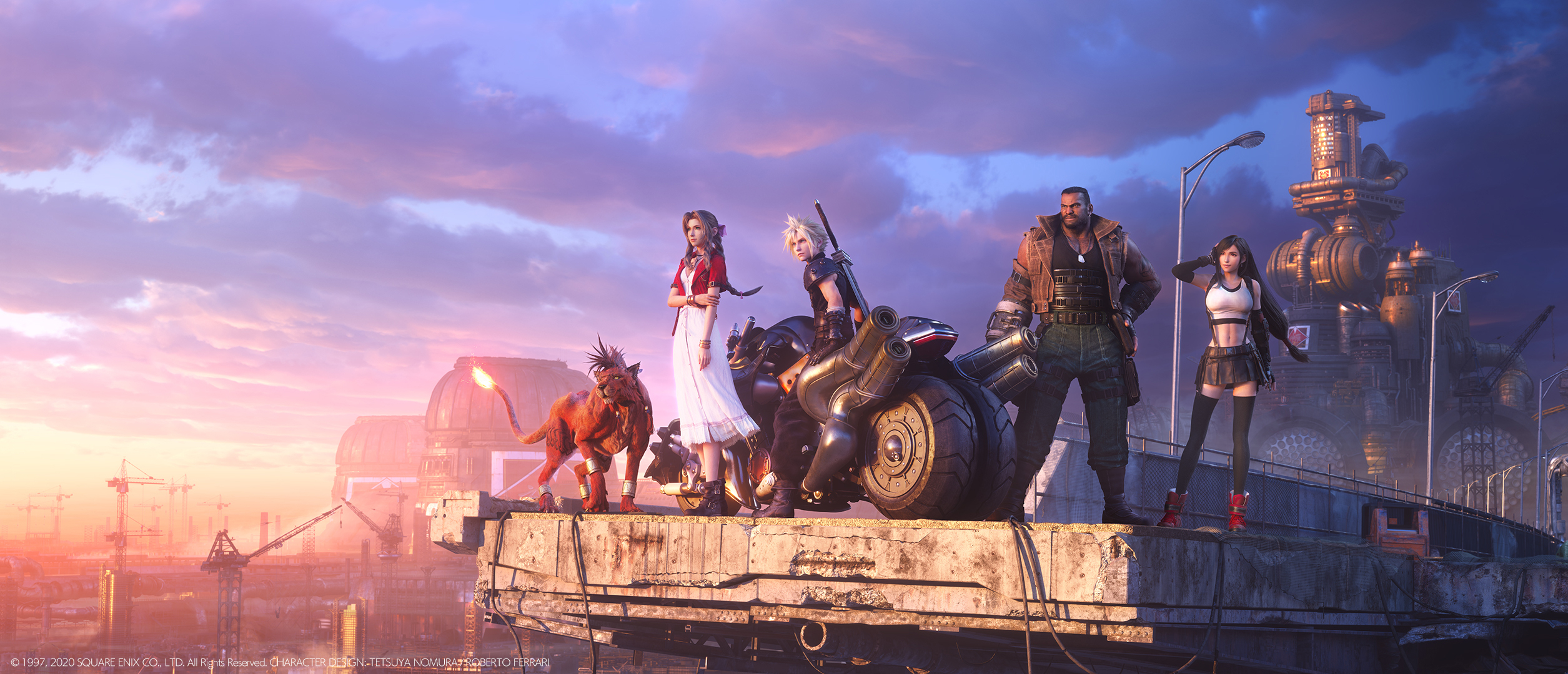 Cloud, Tifa, Barrett, Aerith, and Red XIII on the highway