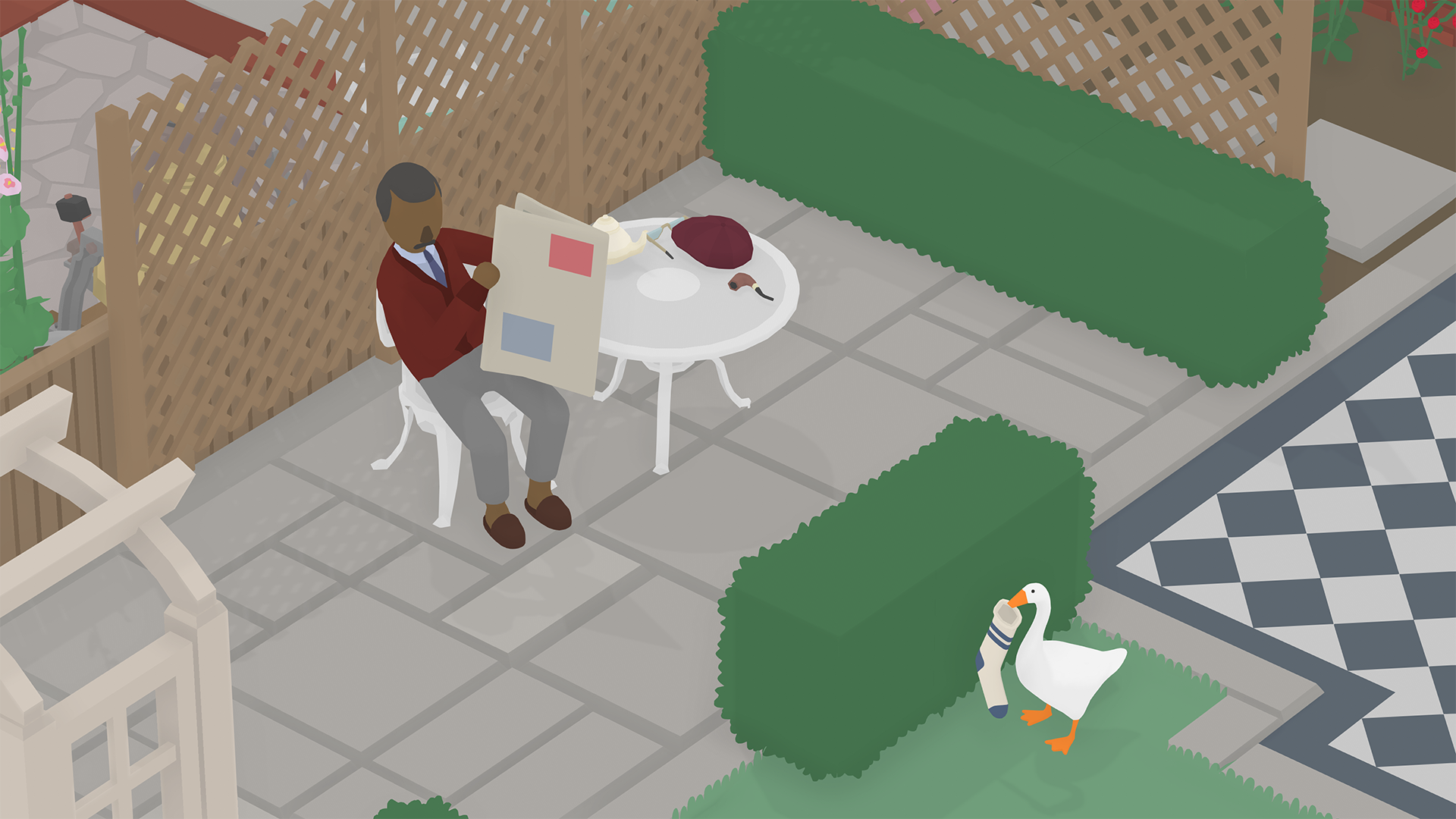 A screenshot from Untitled Goose Game depicting a goose holding a sock hiding behind a shrub. On the other side of the shrub is a man reading the newspaper.
