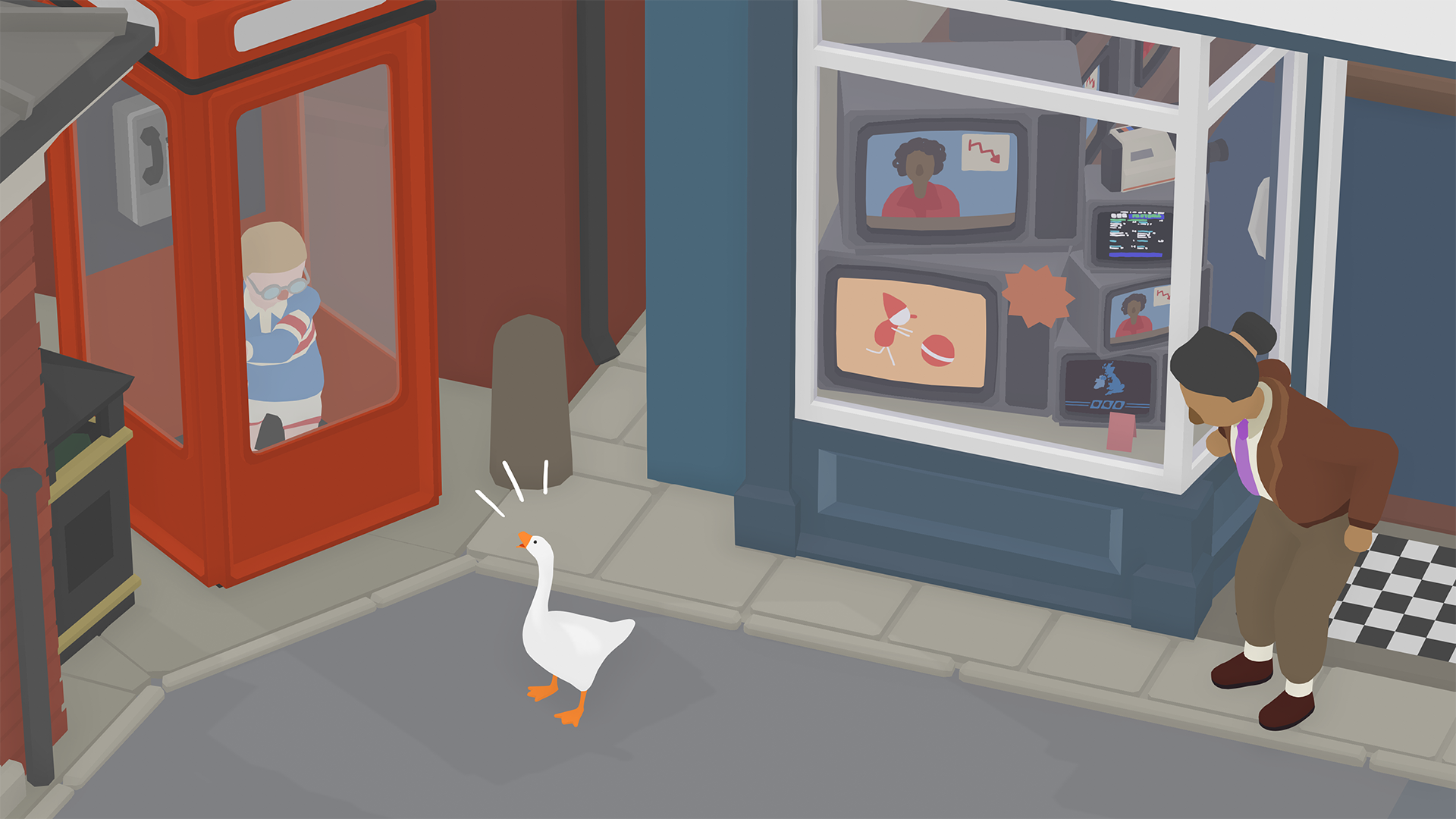 A screenshot from Untitled Goose Game depicting a young boy trapped in a British phone booth. Outside, the goose honks at him while an angry adult looks on.