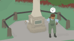 A screenshot from Untitled Goose Game depicting a goose holding a set of keys, hiding behind a statue. In front of the statue, a man is looking for something, and the set of keys appears in a speech bubble above his head.