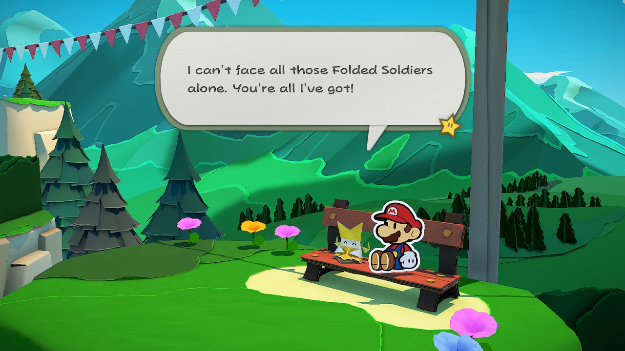 Mario sitting on a bench in Paper Mario: The Origami King