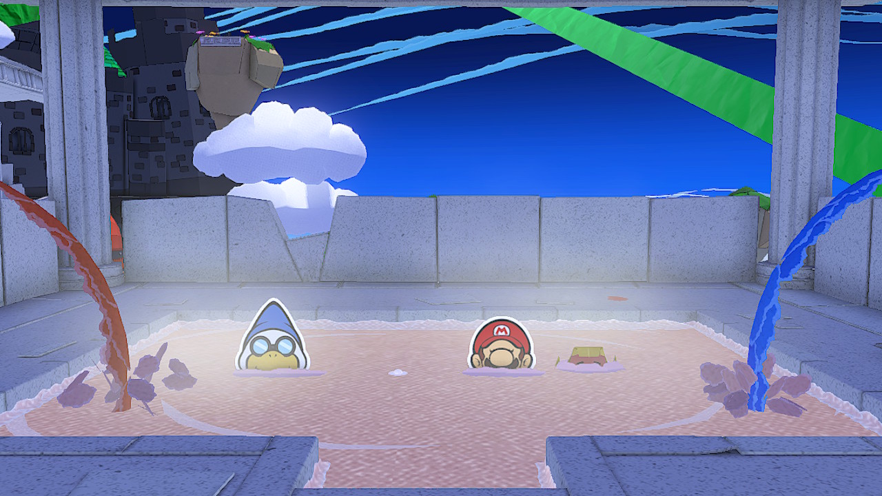 Mario relaxing in a hot tub in Paper Mario: The Origami King