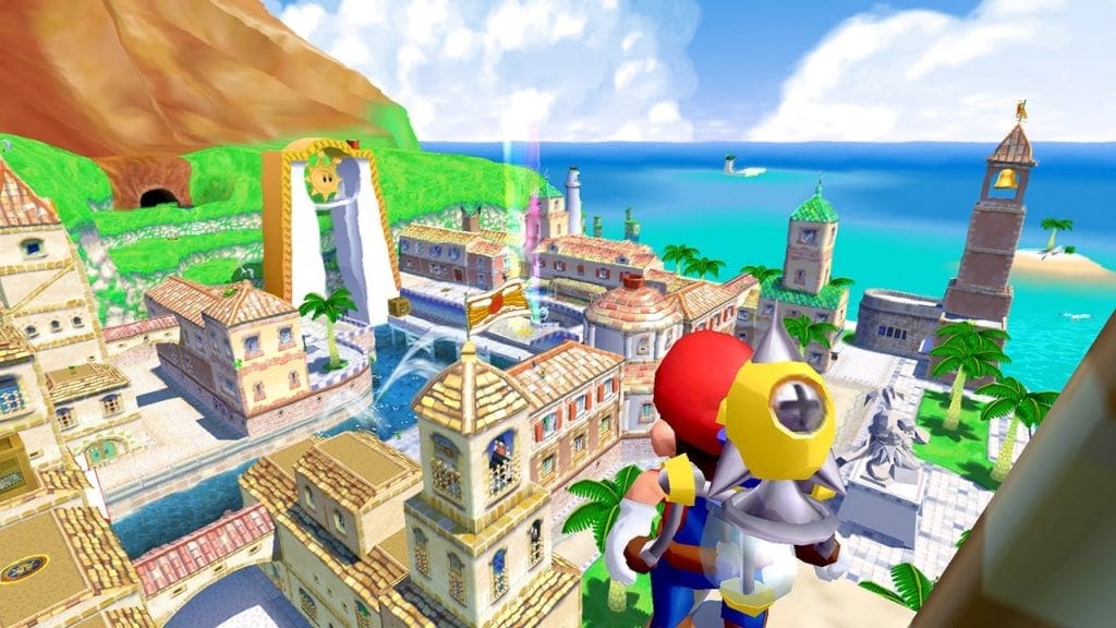 Why Is Super Mario Sunshine So Polarizing? Super Mario Sunshine - Mario looking out on Delfino Plaza from a high vantage point