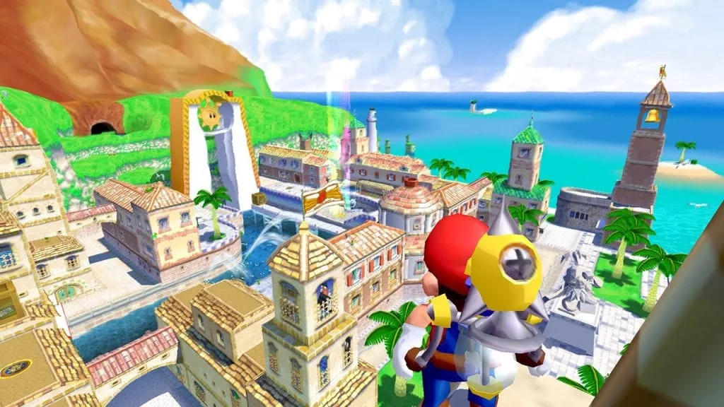 Super Mario Sunshine - Mario looking out on Delfino Plaza from a high vantage point