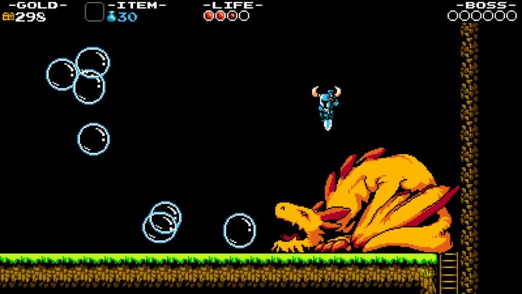 Shovel Knight - the knight bouncing on his shovel against a sleepy dragon blowing bubbles