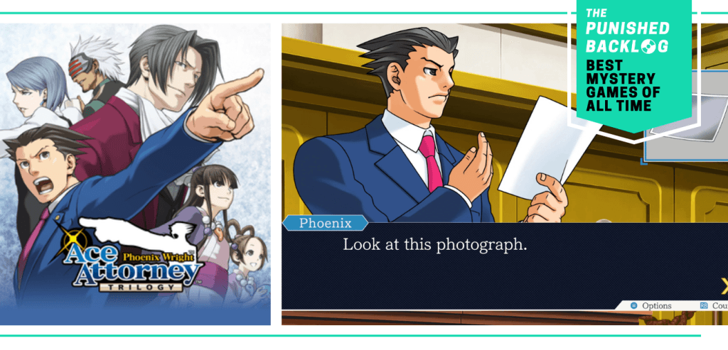 A combo image showing the cover for Ace Attorney: Phoenix Wright Trilogy and a gameplay of Phoenix in a courtroom saying, "look at this photograph."  Plus, a teal banner in the corner shows a logo for The Punished Backlog and the article and text reading "Best Mystery Games of All Time" 