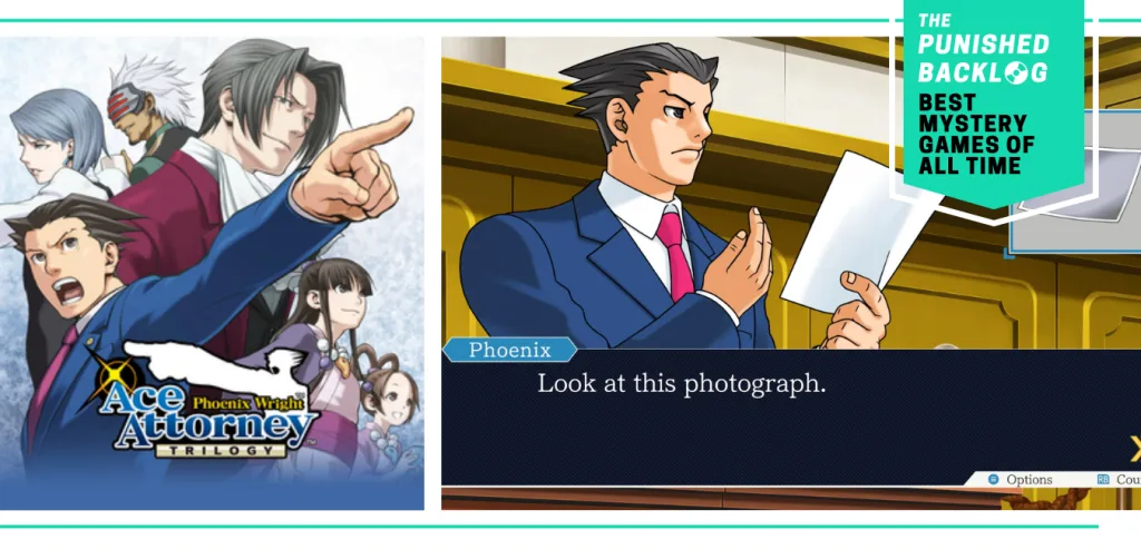A combo image showing the cover for Ace Attorney: Phoenix Wright Trilogy and a gameplay of Phoenix in a courtroom saying, "look at this photograph." Plus, a teal banner in the corner shows a logo for The Punished Backlog and the article and text reading "Best Mystery Games of All Time"