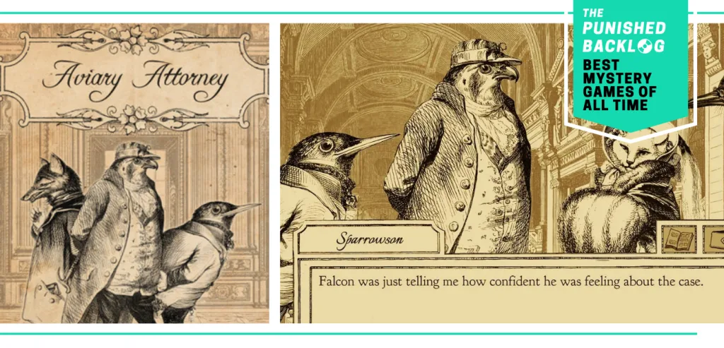 A combo image showing the cover for Aviary Attorney and a gameplay screenshot of birds dressed up in Victorian-style garb talking about a case. Plus, a teal banner in the corner shows a logo for The Punished Backlog and the article and text reading "Best Mystery Games of All Time"