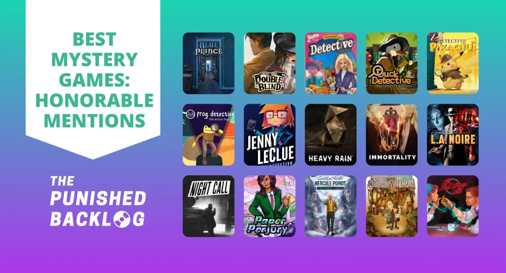 A graphic with a teal and purple background and the text: "Best Mystery Games: Honorable Mentions" and the covers of several video games