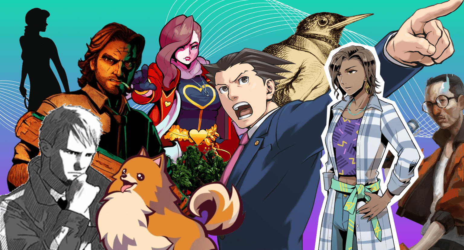 A purple and teal background features notable detective and mystery video game characters in a list for the Best Mystery Video Games of All Time