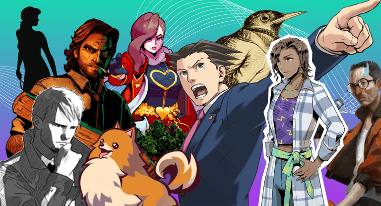 A purple and teal background features notable detective and mystery video game characters in a list for the Best Mystery Video Games of All Time