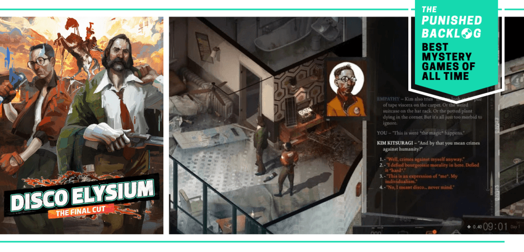 A combo image showing the cover for Disco Elysium: The Final Cut and a gameplay screenshot with in  a watercolor style of two men standing in a trashed hotel room, talking to each other. Plus, a teal banner in the corner shows a logo for The Punished Backlog and the article and text reading "Best Mystery Games of All Time" 