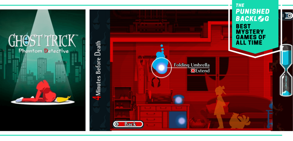 A combo image showing the cover for Ghost Trick and a gameplay screenshot in first-person perspective of a ghost inhabiting an umbrella "4 minutes before death". Plus, a teal banner in the corner shows a logo for The Punished Backlog and the article and text reading "Best Mystery Games of All Time" 
