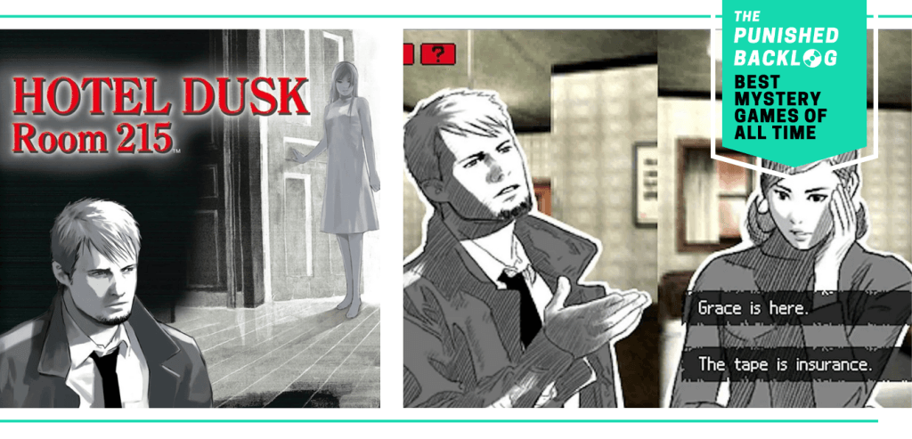 A combo image showing the cover for Hotel Dusk: Room 215 and a black-and-white sketch of a man interviewing a woman. Plus, a teal banner in the corner shows a logo for The Punished Backlog and the article and text reading "Best Mystery Games of All Time" 