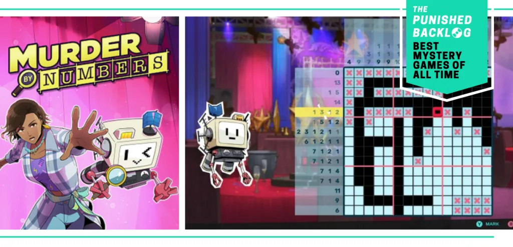 A combo image showing the cover for Murder by Numbers and a gameplay screenshot of a robot in a theater with a picross puzzle. Plus, a teal banner in the corner shows a logo for The Punished Backlog and the article and text reading "Best Mystery Games of All Time"