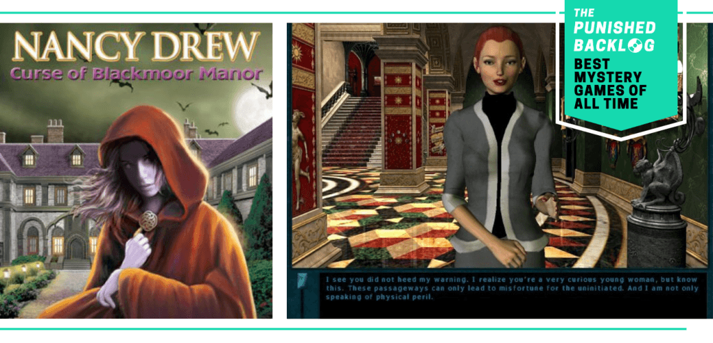 A combo image showing the cover for Nancy Drew: Curse of Blackmoor Manor and a gameplay screenshot of a woman in a mansion warning Nancy not to go exploring. Plus, a teal banner in the corner shows a logo for The Punished Backlog and the article and text reading "Best Mystery Games of All Time" 