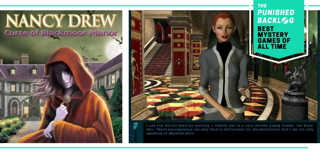 A combo image showing the cover for Nancy Drew: Curse of Blackmoor Manor and a gameplay screenshot of a woman in a mansion warning Nancy not to go exploring. Plus, a teal banner in the corner shows a logo for The Punished Backlog and the article and text reading "Best Mystery Games of All Time"