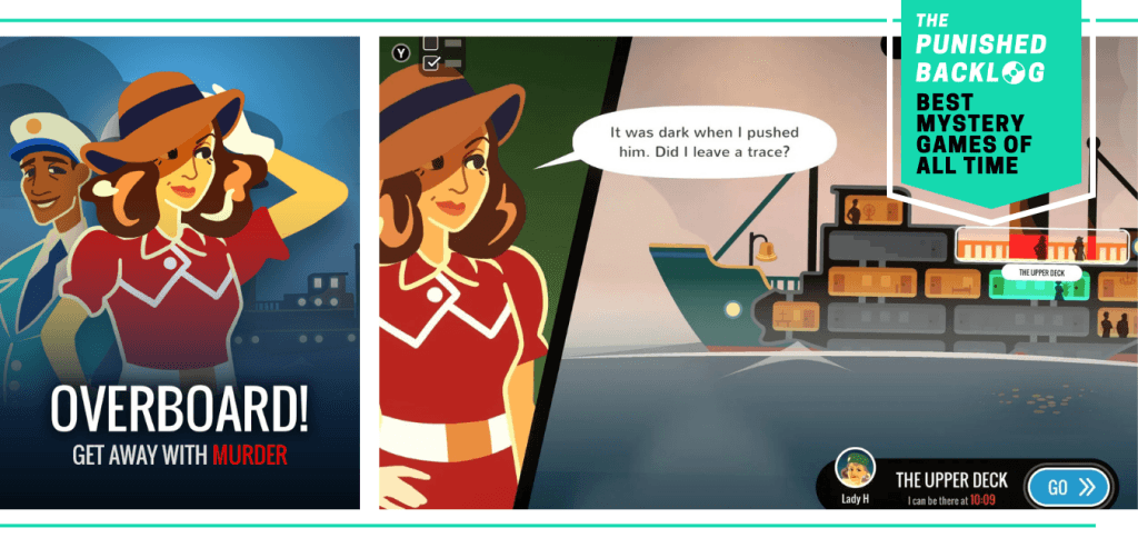A combo image showing the cover for Overboard! and a gameplay screenshot of a 1920s style woman looking at a map of a ship. Plus, a teal banner in the corner shows a logo for The Punished Backlog and the article and text reading "Best Mystery Games of All Time" 