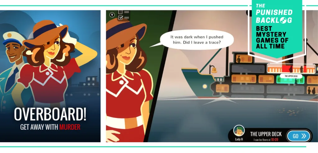A combo image showing the cover for Overboard! and a gameplay screenshot of a 1920s style woman looking at a map of a ship. Plus, a teal banner in the corner shows a logo for The Punished Backlog and the article and text reading "Best Mystery Games of All Time"