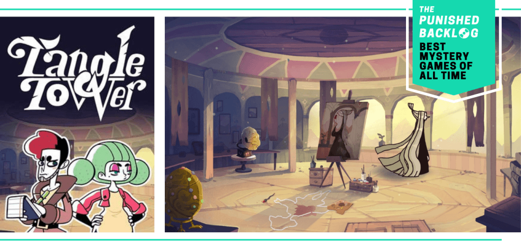 A combo image showing the cover for Tangle tower and a gameplay screenshot of a woman standing next to a portrait in a tower with a chalk outline nearby. Plus, a teal banner in the corner shows a logo for The Punished Backlog and the article and text reading "Best Mystery Games of All Time" 