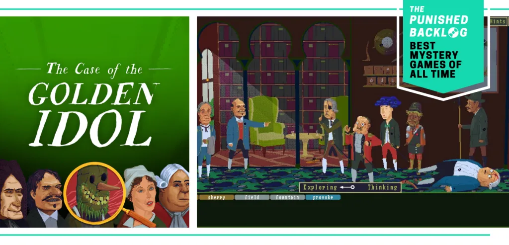 A combo image showing the cover for The Case of the Golden Idol and a gameplay screenshot of several men arguing in a library near a dead body. Plus, a teal banner in the corner shows a logo for The Punished Backlog and the article and text reading "Best Mystery Games of All Time"