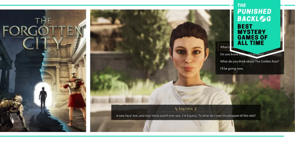 A combo image showing the cover for The Forgotten City and a gameplay screenshot of interviewing Equitia and asking her about ways to escape. Plus, a teal banner in the corner shows a logo for The Punished Backlog and the article and text reading "Best Mystery Games of All Time"