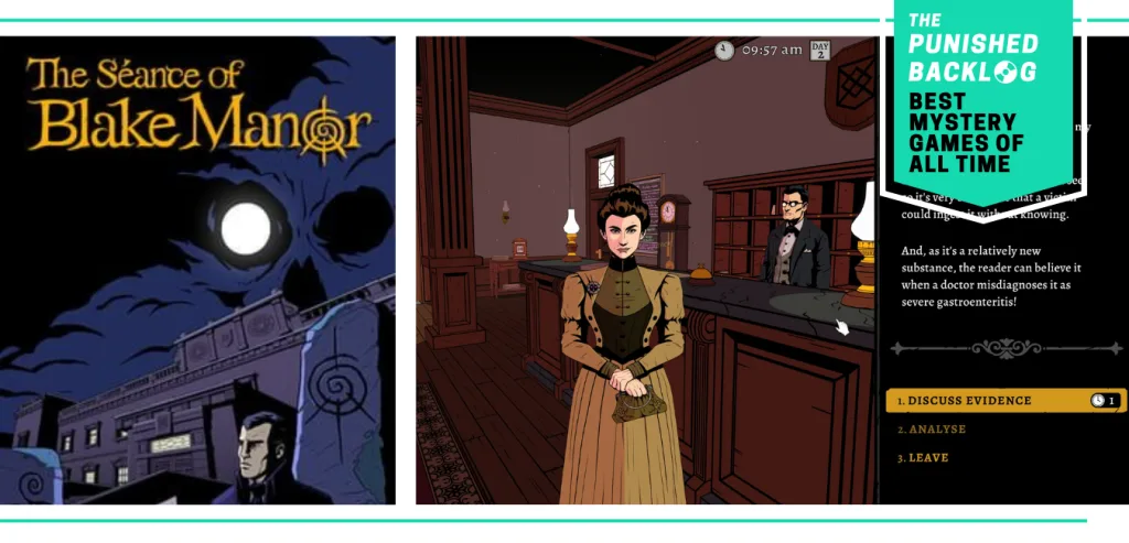 A combo image showing the cover for The Séance of Blake Manor and a gameplay screenshot interviewing a woman in Victorian-style garb in a hotel lobby. Plus, a teal banner in the corner shows a logo for The Punished Backlog and the article and text reading "Best Mystery Games of All Time"