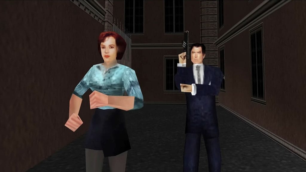 Goldeneye 007 - James Bond and Natalya Simonova escaping from danger through an alley in a cutscene