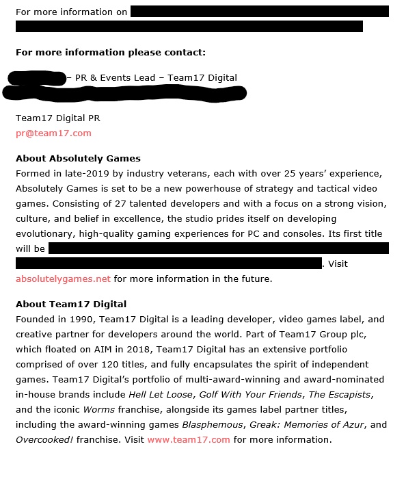 Team17 and Absolutely Games [REDACTED] press release