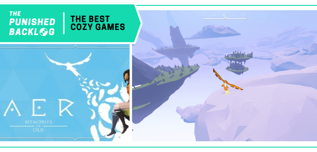 AER: Memories of Old - Cover art and screenshot of the eagle flying through islands. A teal banner in the corner has the logo for The Punished Backlog and the title "The Best Cozy Games" list 