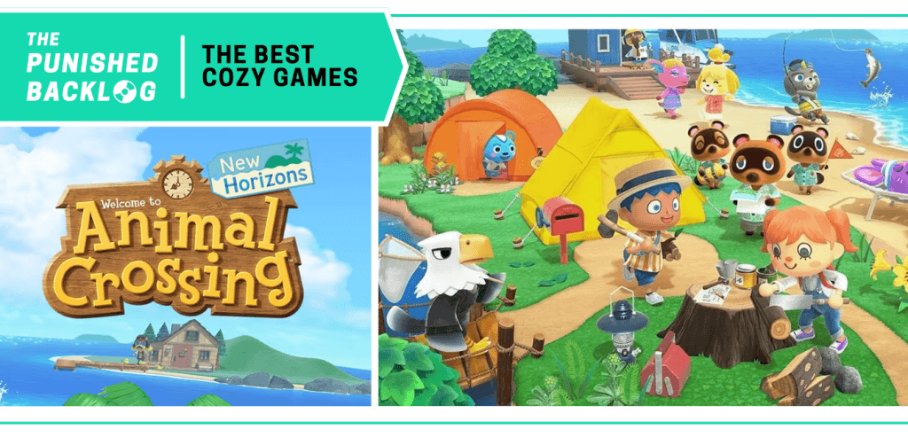 Animal Crossing: New Horizons - Cover art and screenshot of players and animal neighbors hanging out on an island. A teal banner in the corner has the logo for The Punished Backlog and the title "The Best Cozy Games" list 