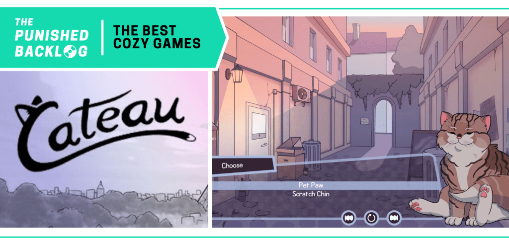 Cateau - Cover  art and screenshot choosing to pet a cat in Paris. A teal banner in the corner has the logo for The Punished Backlog and the title "The Best Cozy Games" list 