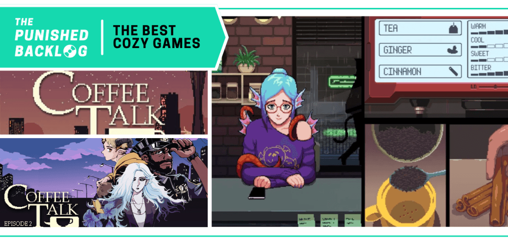 Coffee Talk and Coffee Talk Episode 2 - Cover art and screenshot of a mermaid woman ordering a tea drink in a coffee shop game. A teal banner in the corner has the logo for The Punished Backlog and the title "The Best Cozy Games" list 