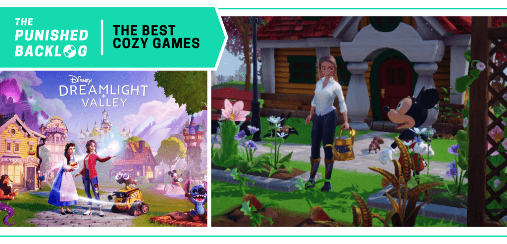 Disney Dreamlight Valley - Cover art and screenshot of a woman watering plants with Mickey Mouse in a Disney farm game. A teal banner in the corner has the logo for The Punished Backlog and the title "The Best Cozy Games" list 