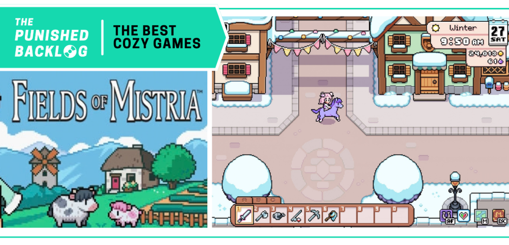 Fields of Mistria - Cover art and a screenshot of a farming sim game where a player rides a purple horse. A teal banner in the corner has the logo for The Punished Backlog and the title "The Best Cozy Games" list 