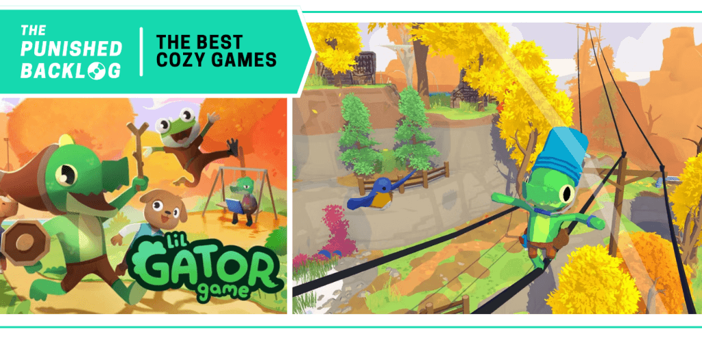 Lil Gator Game - Cover art and screenshot of an alligator with a superhero costume going on an adventure in the woods. A teal banner in the corner has the logo for The Punished Backlog and the title "The Best Cozy Games" list 