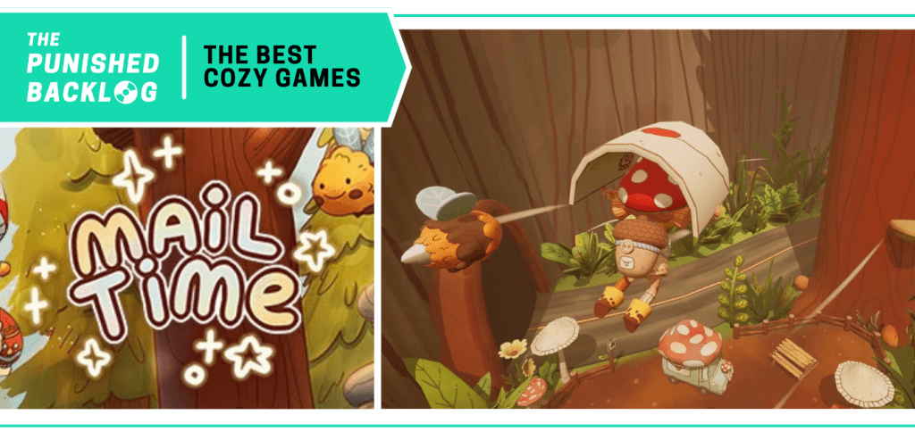 Mail Time - Cover art and screenshot of a character delivering mail in the woods. A teal banner in the corner has the logo for The Punished Backlog and the title "The Best Cozy Games" list 