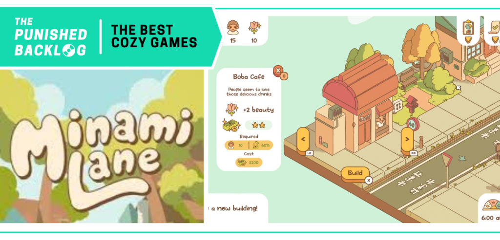 Minami Lane - Cover art and screenshot of a pastel cozy city building game. A teal banner in the corner has the logo for The Punished Backlog and the title "The Best Cozy Games" list 