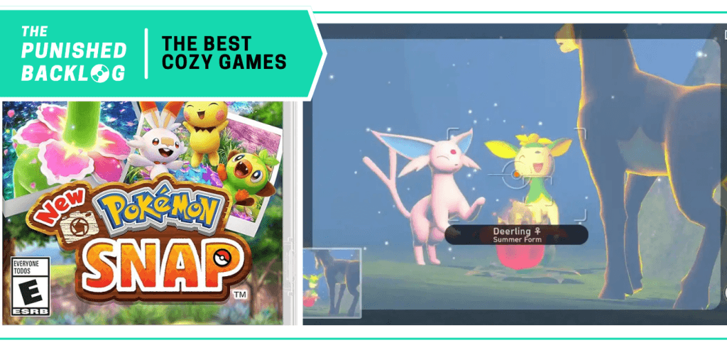 New Pokemon Snap - Cover art and screenshot of the deerling reunite puzzle. A teal banner in the corner has the logo for The Punished Backlog and the title "The Best Cozy Games" list 
