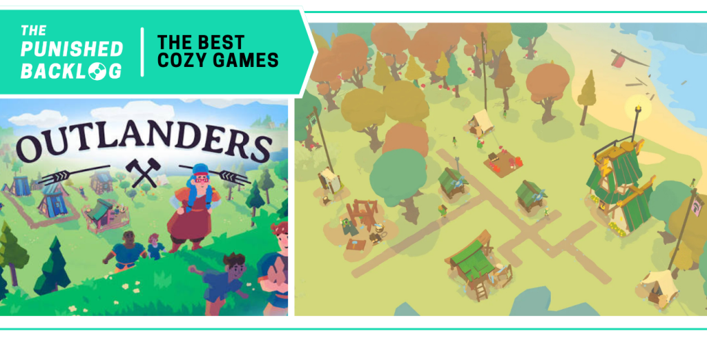 Outlanders - Cover art and screenshot of a medieval civilization management game. A teal banner in the corner has the logo for The Punished Backlog and the title "The Best Cozy Games" list 